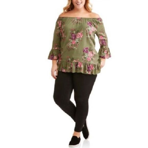 Terra & Sky on or off shoulder olive green floral peasant top size 1X - Picture 3 of 9